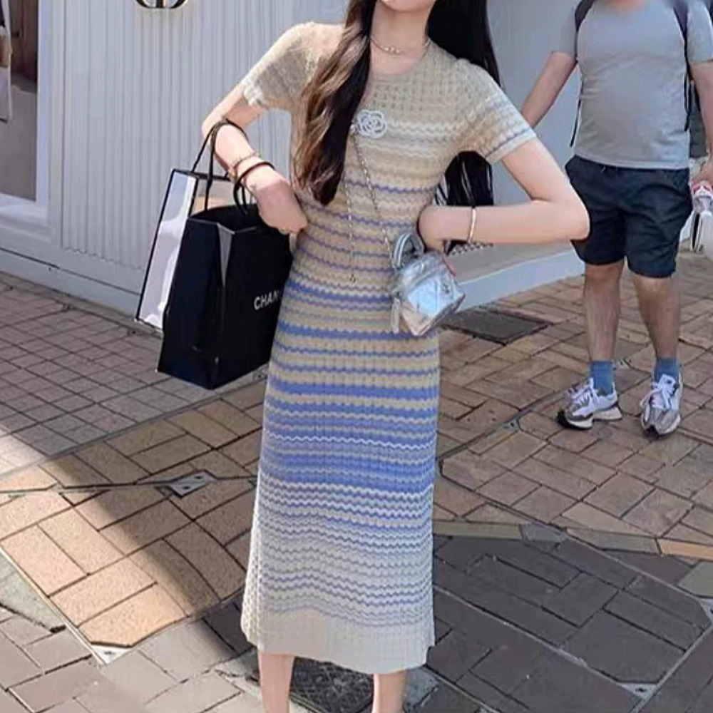 ZARA Chic Camellia Tweed Gradient Stripe Slim Fit Crew Neck Knit Dress
